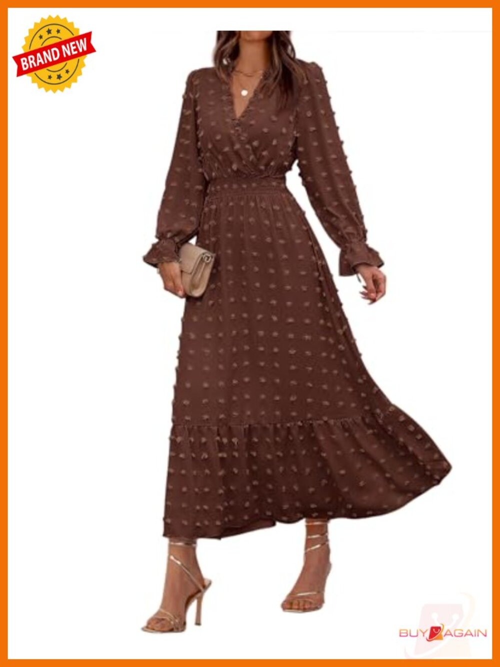 Women's Swiss Dot Maxi Dress Long Sleeve V-Neck Flowy A-Line Wedding Guest